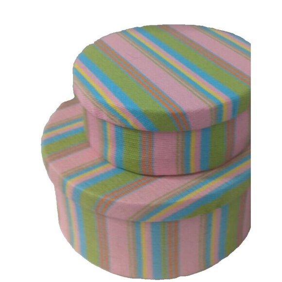 Set/ 2 Nesting Boxes Fabric Covered Round Stripe Pink Lime Aqua Yellow - Picture 2 of 13
